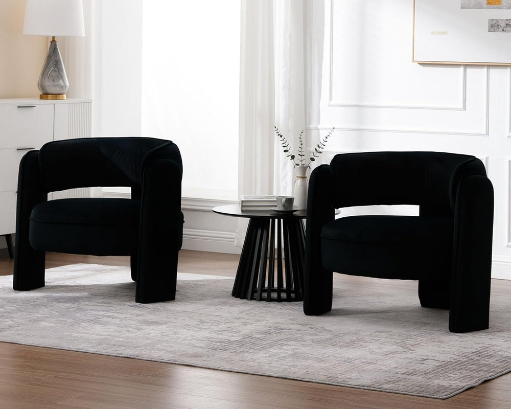BESTANO Modern Barrel Accent Chair Set of 2, Black Velvet Upholstered Armchai...