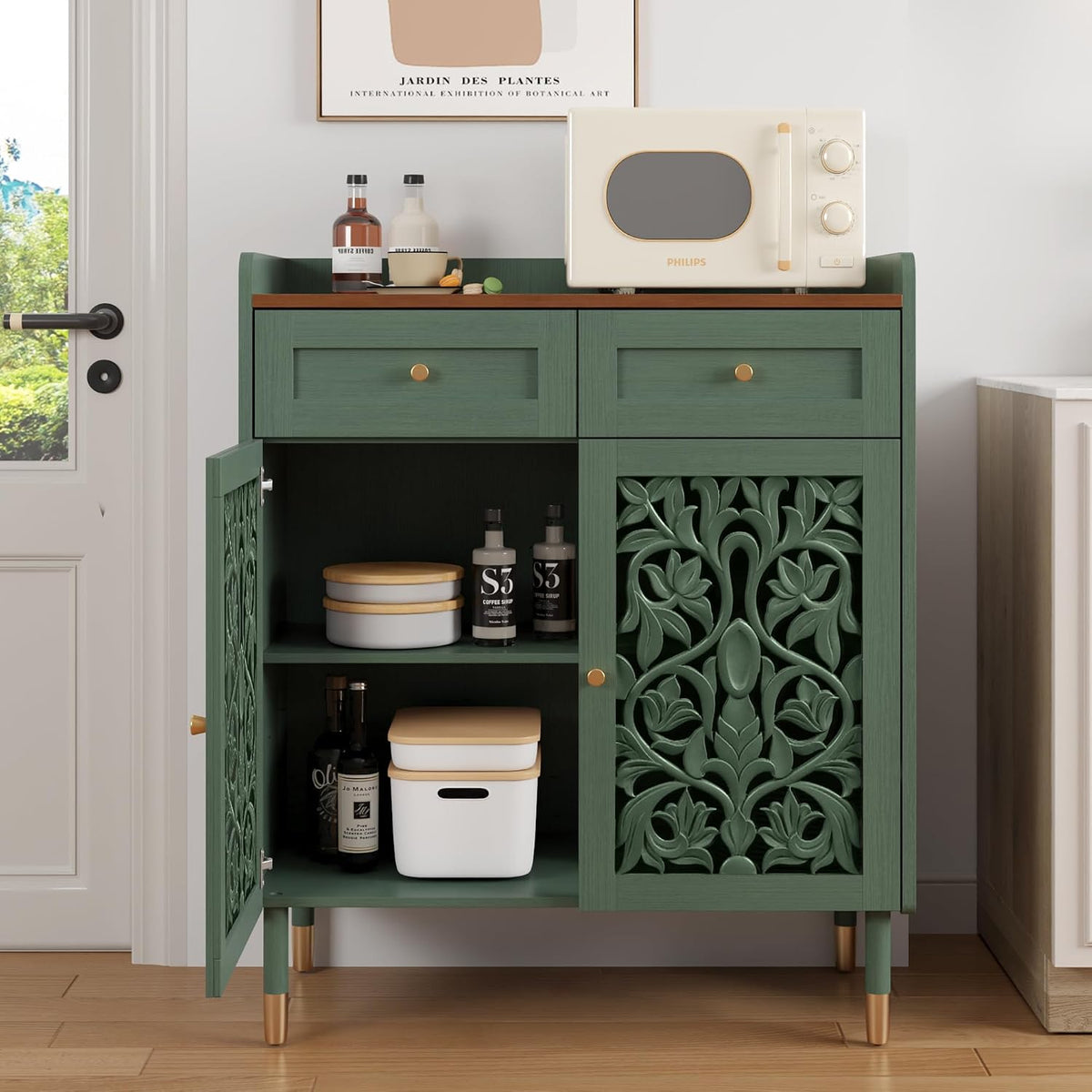 3More 2 Door Retro Carving Sideboard Buffet Cabinet with 1 Drawer, Green