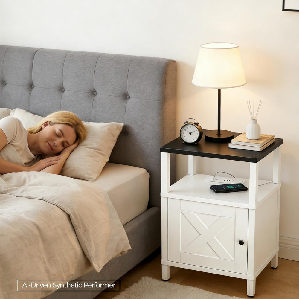 MAHANCRIS Set of 2 Farmhouse Nightstand with Charging Station, Night Stand En...