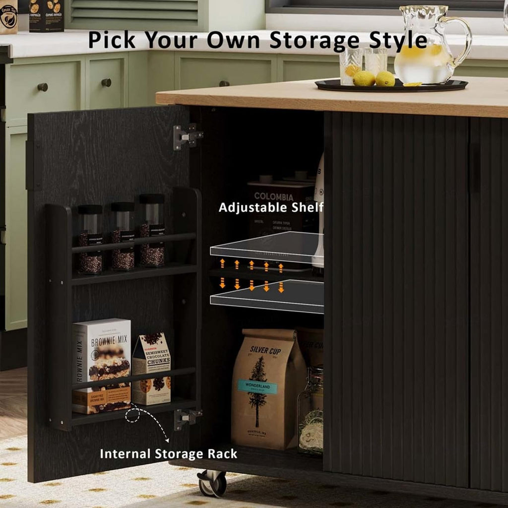 Moveable Kitchen Island with Drop Leaf with Storage and Dining Table, Kitchen Island with Wheels with Wheels Towel Rack， for Kitchen, Dining Room, Black