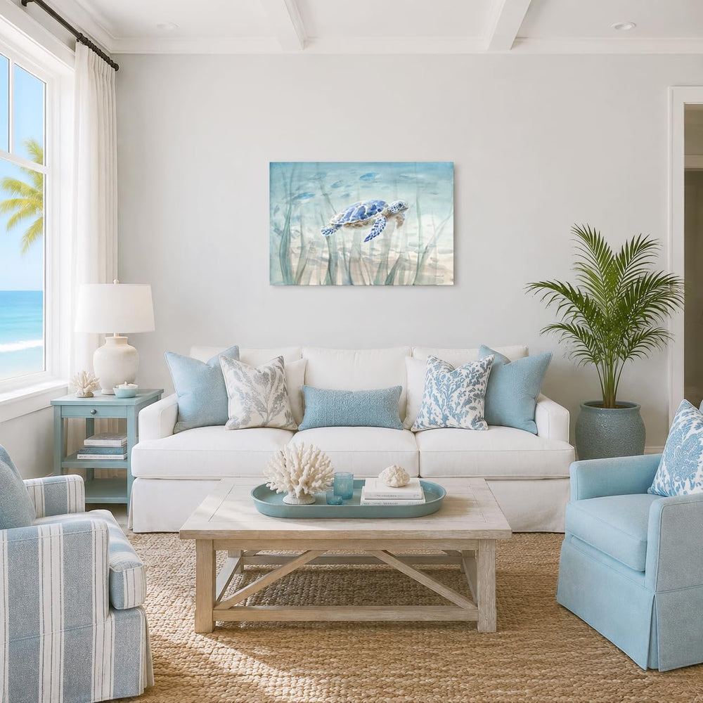 Ocean Wall Decor Blue Turtle Canvas Art Sea Grass Pictures Coastal Print Pain...
