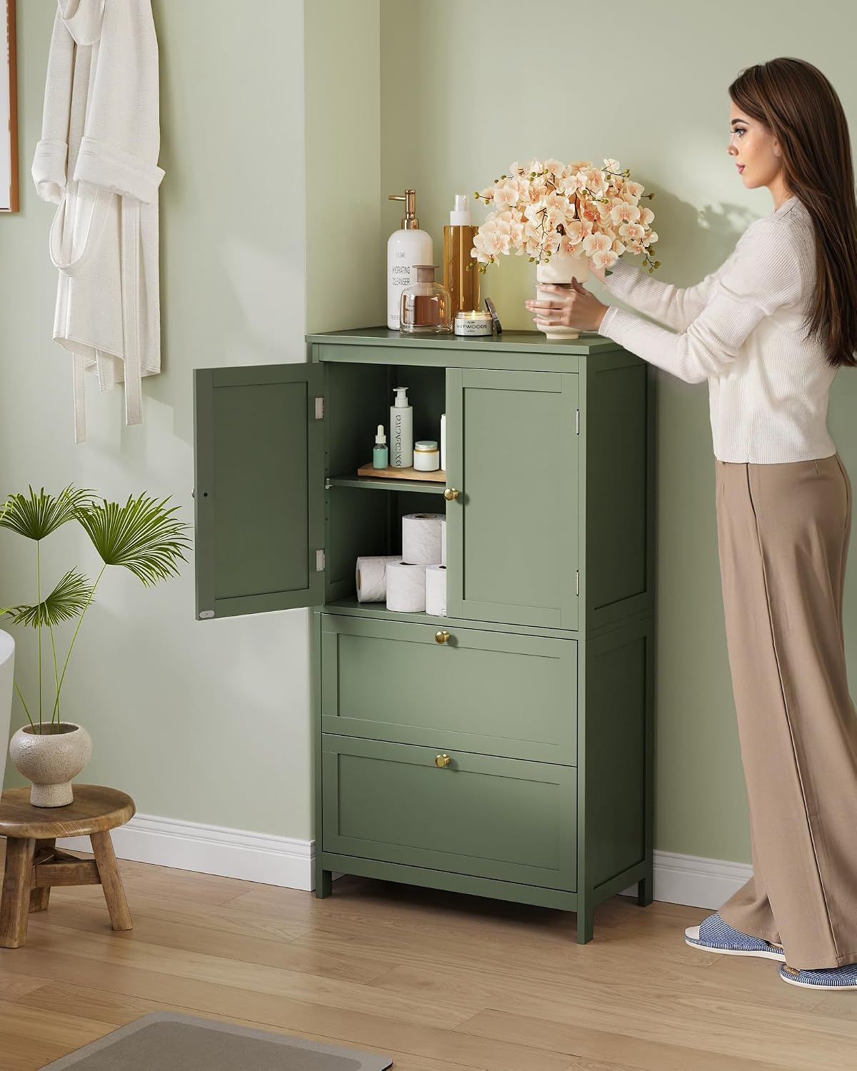VASAGLE Bathroom Floor Cabinet with 2 Doors, 2 Drawers, Forest Green