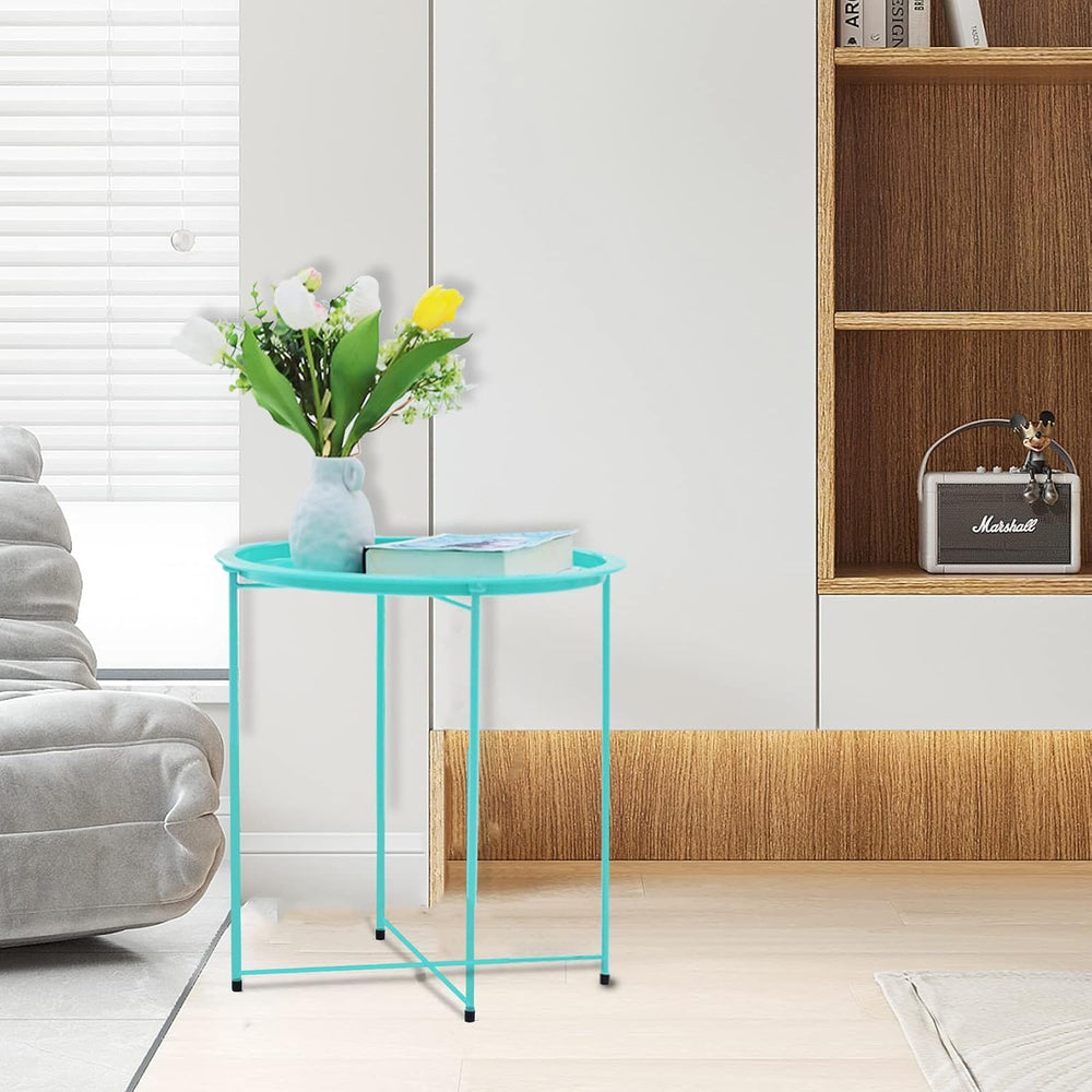 Garden 4 you End Table Metal Side Table Green Round Folding Tray Cyan Sofa Sm...