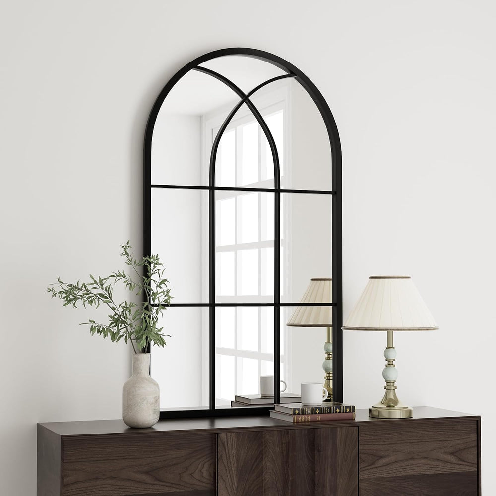 Rowjut Arched Top Window Glass Wall Mirror 42" x 24" Black Iron