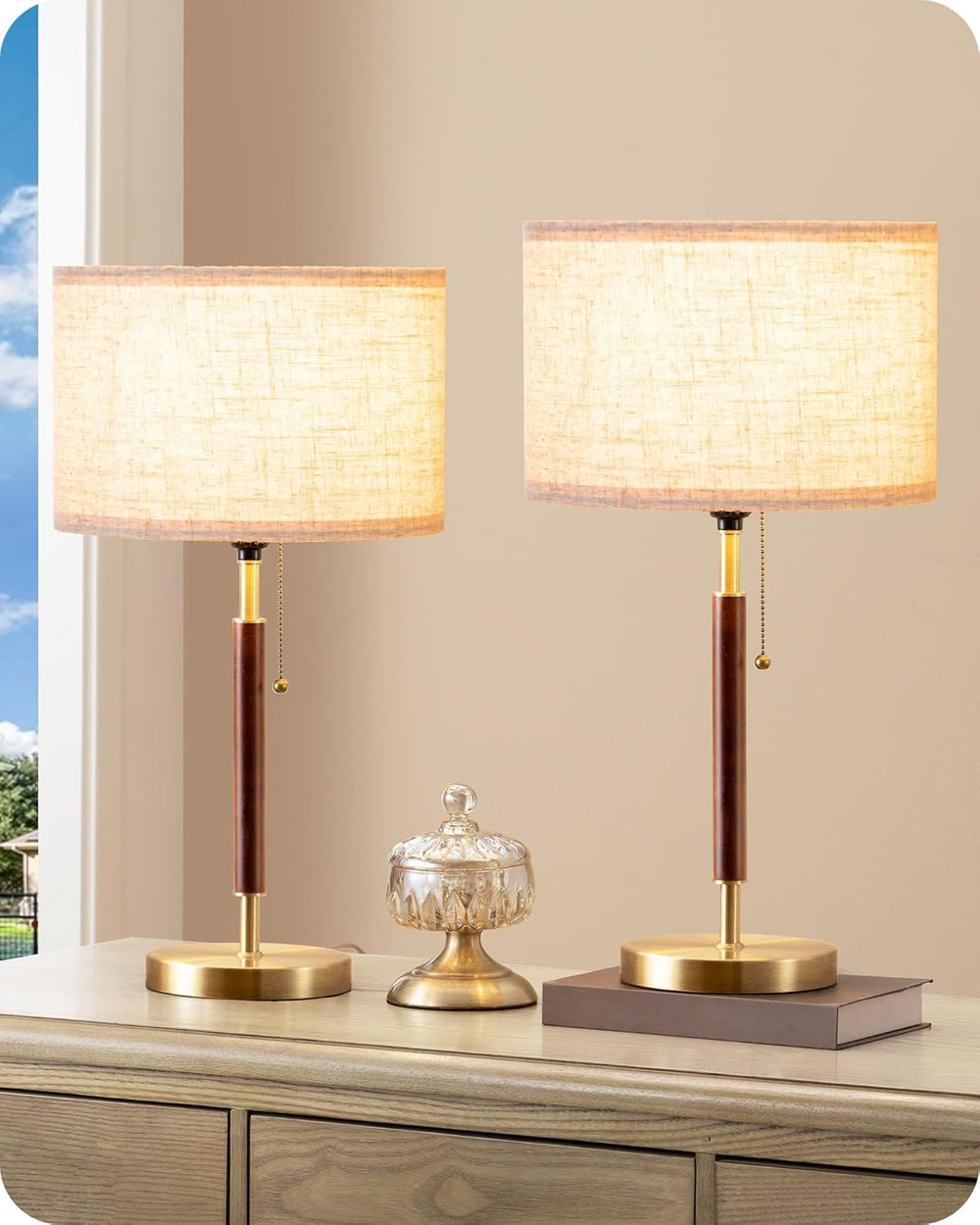 EDISHINE 2Pack Modern Mid Century Table Lamp, Pull Chain Switch, Metal Base