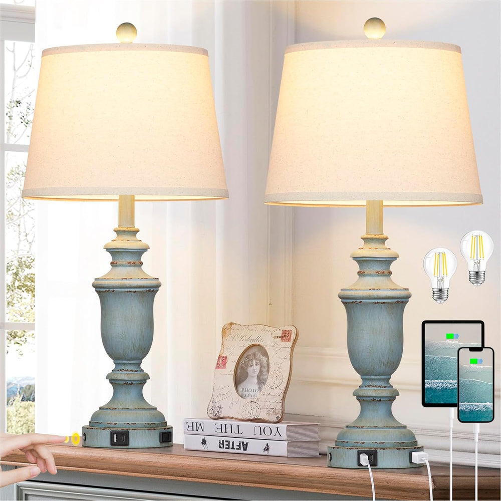 Cinkeda 25.6" Blue Table Lamps Set of 2 with USB C+A Ports & AC Outl...