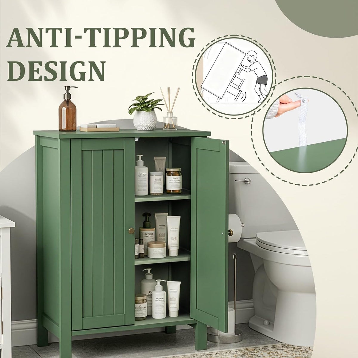 Bonnlo Free Standing Bathroom Cabinet, Sage Green Accent Storage Cabinet with Doors, Small Wooden Floor Console Sideboard for Entryway, Living Room, 31.5" H