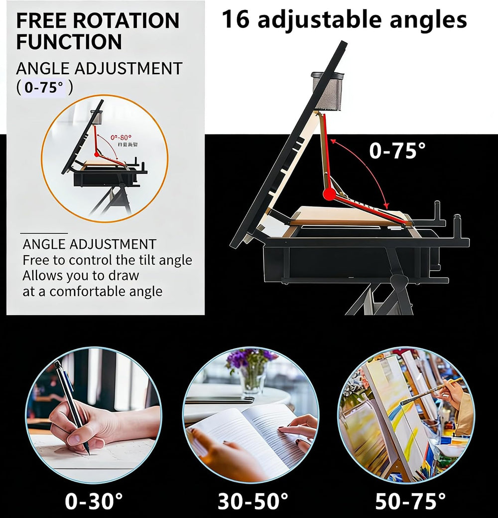 Height Adjustable Art Table Drafting Table with Stool, Black