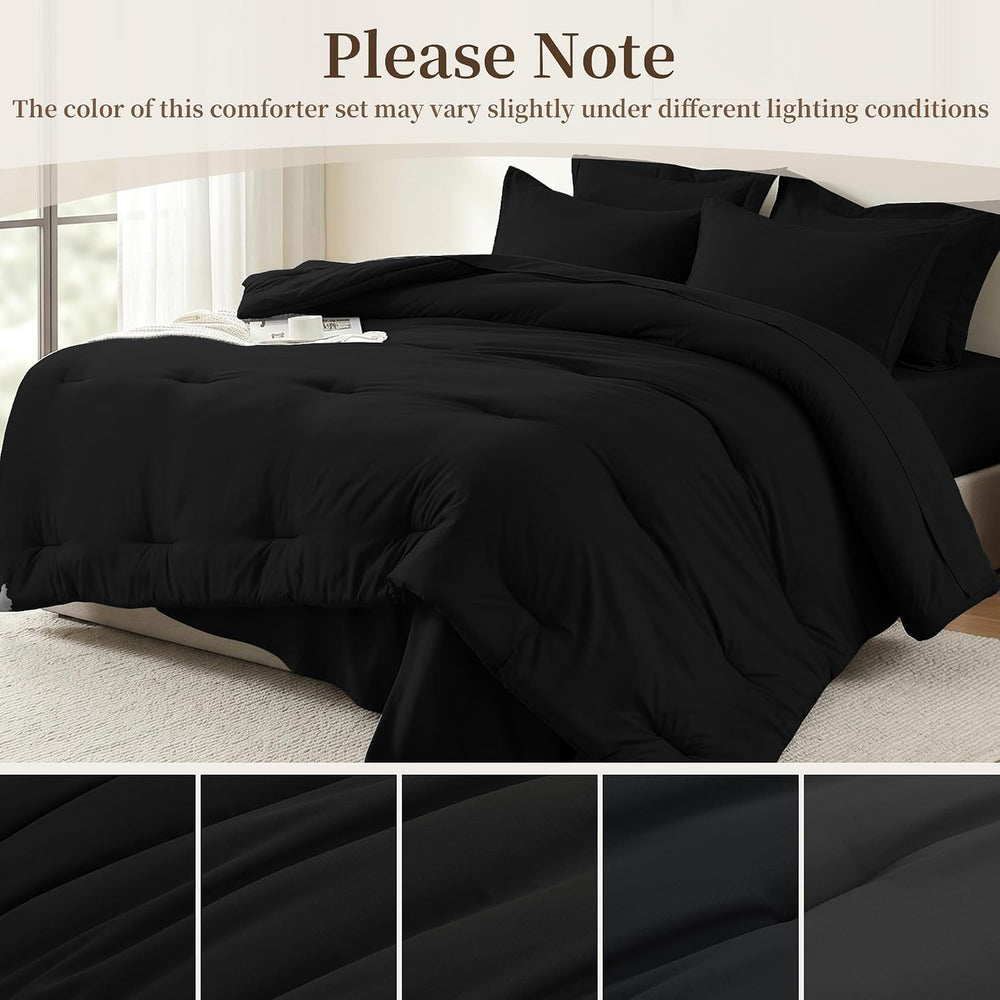 Queen Comforter Set 7 Piece with Lightweight Comforter, Black