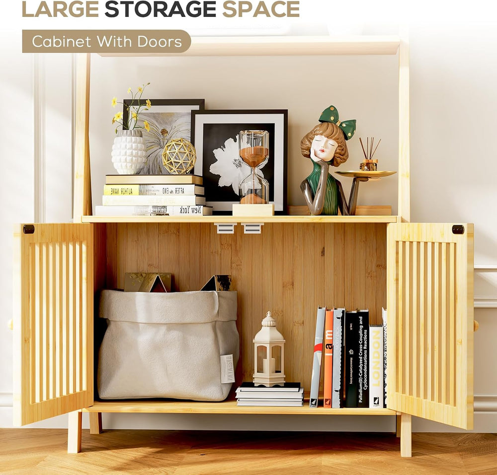 Bookshelf with Drawers, 4-Tier Bamboo Bookcase Ladder Shelf with 6 Hooks