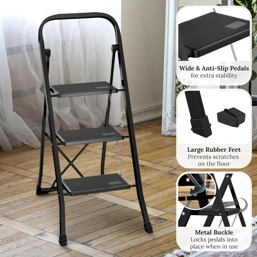 3-Step Ladder with Wide Anti-Slip Platform & Thick Rubber Feet | Heavy Du...