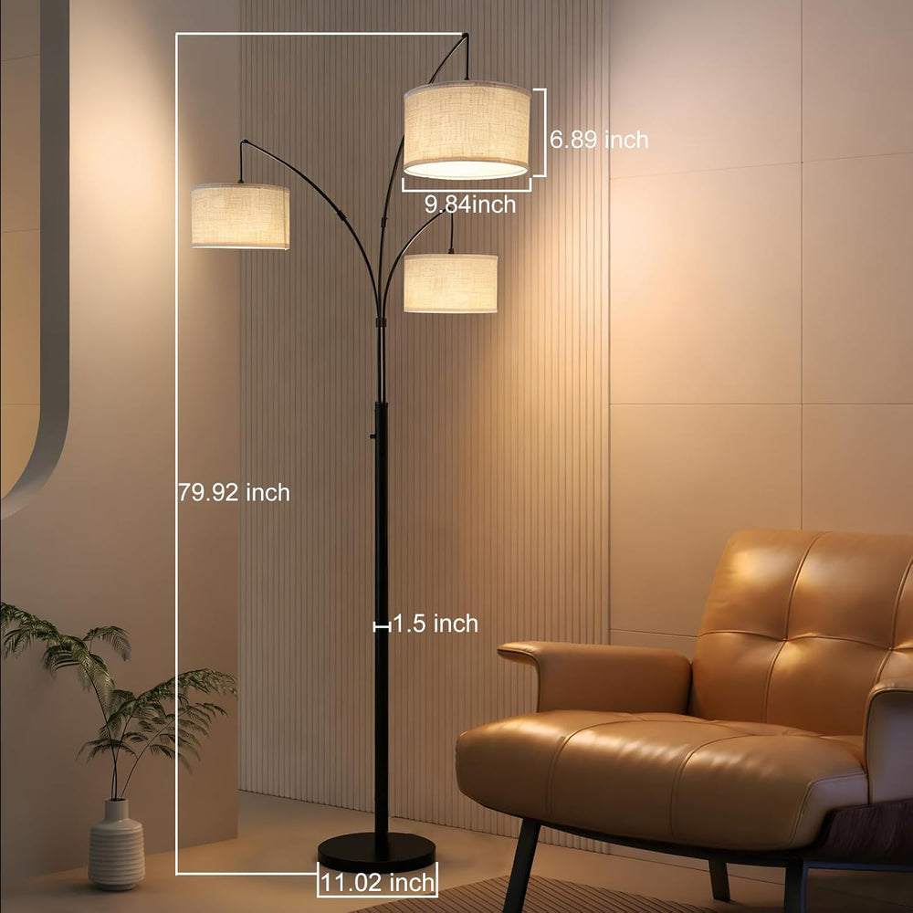 Dimmable Arc Floor Lamp, Mid Century 3 Lights Tree Standing lamp, Beige Shades