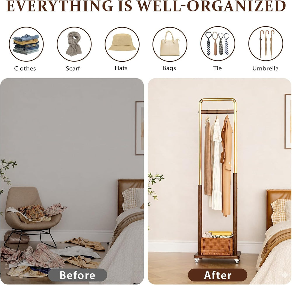 Taitiy Solid Wood Coat Rack with Wheels, Freestanding for Entryway