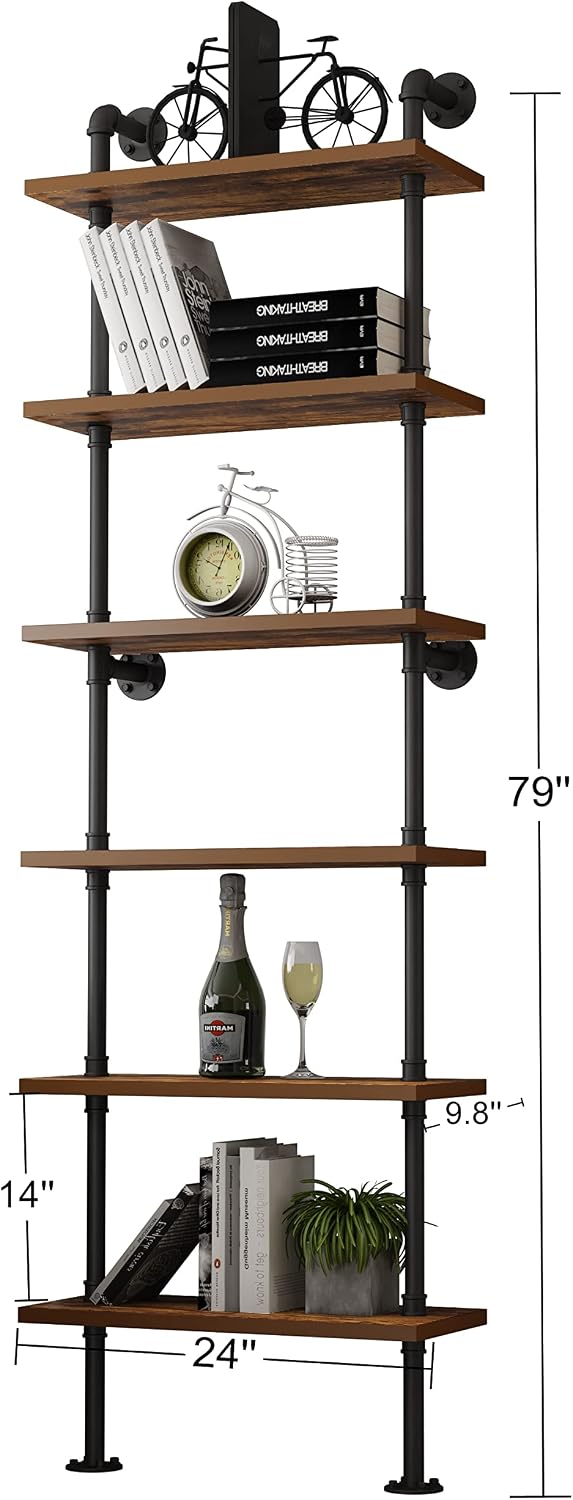 HOMEKAYT Industrial Pipe Shelf Rustic Wood Wall Shelf Ladder Bookshelf Wall M...