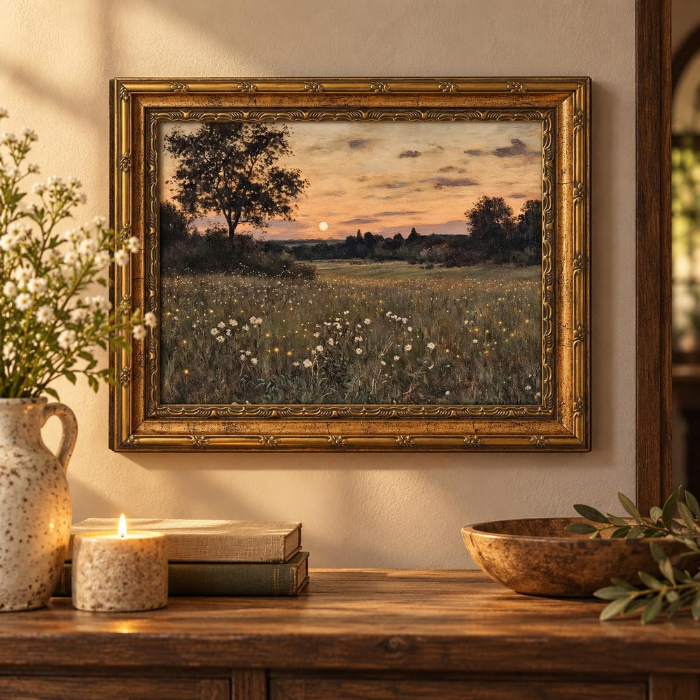 Vintage Gold Framed Rustic Firefly Field Landscape Wall Art 16x24Inch