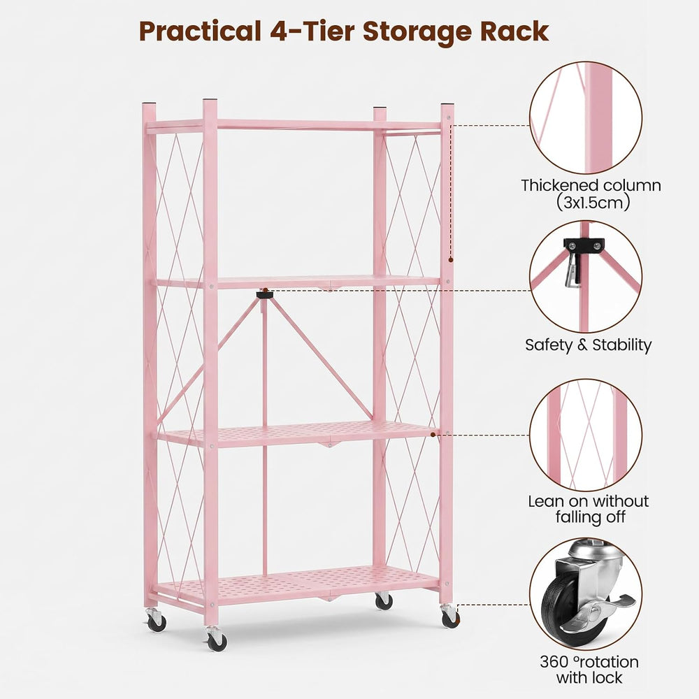 ALANNG 4 Tier Folding Shelf with Wheels, No Assembly Metal Storage Rack