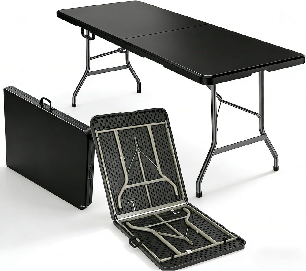 6FT Folding Table, Black Portable HDPE Utility Table with Carry Handle