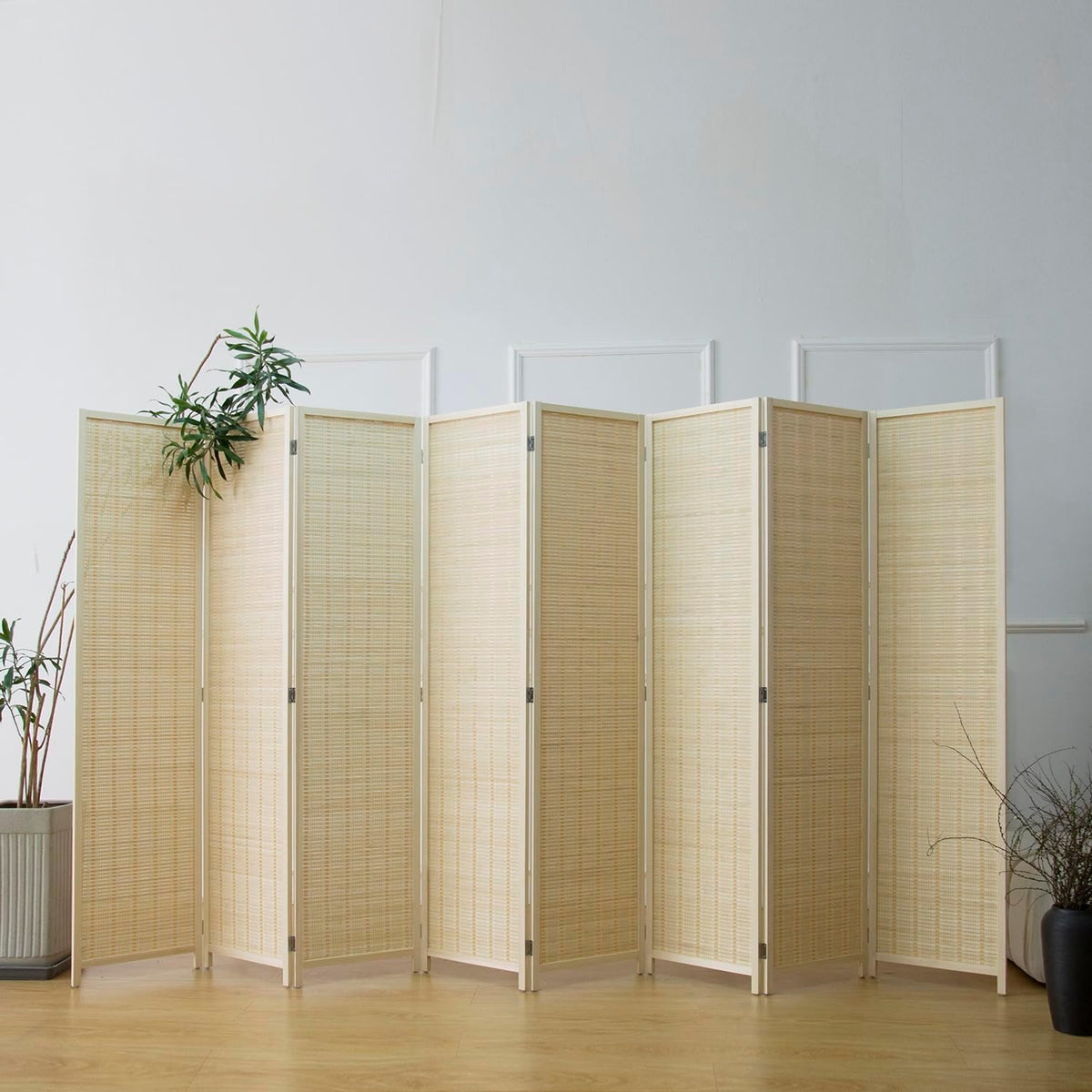 Furnnylane 8 Panel Bamboo Room Divider - 5.6 ft Tall Folding Privacy Screen, Natural Beige Freestanding Partition Wall (67" x 122.8", 8-Panel)