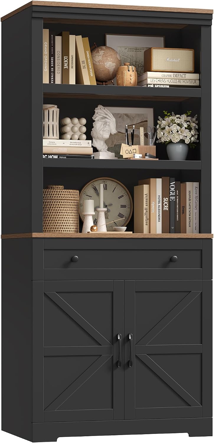 HOSTACK 72"H Bookshelf with Storage, Tall Bookcase with Deep Cabinet, Black