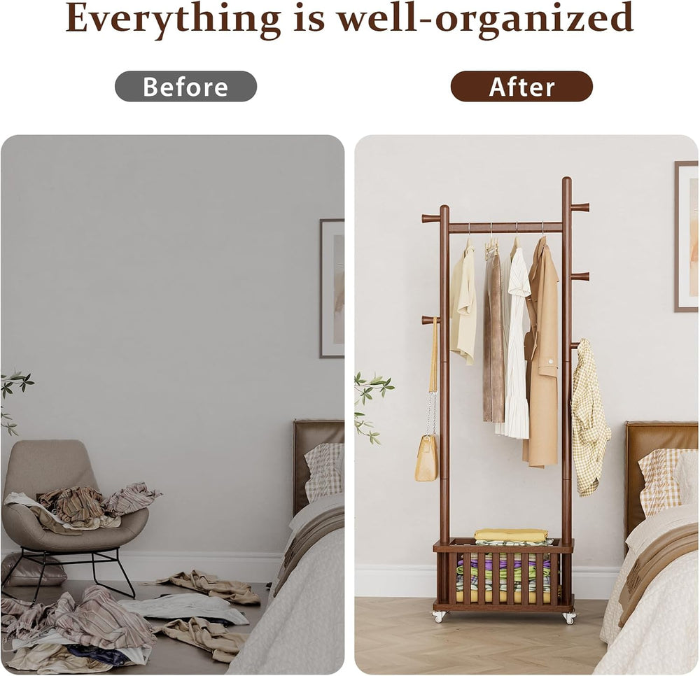 Taitiy Solid Wood Coat Rack with Wheels, Freestanding Coat Tree with Removabl...