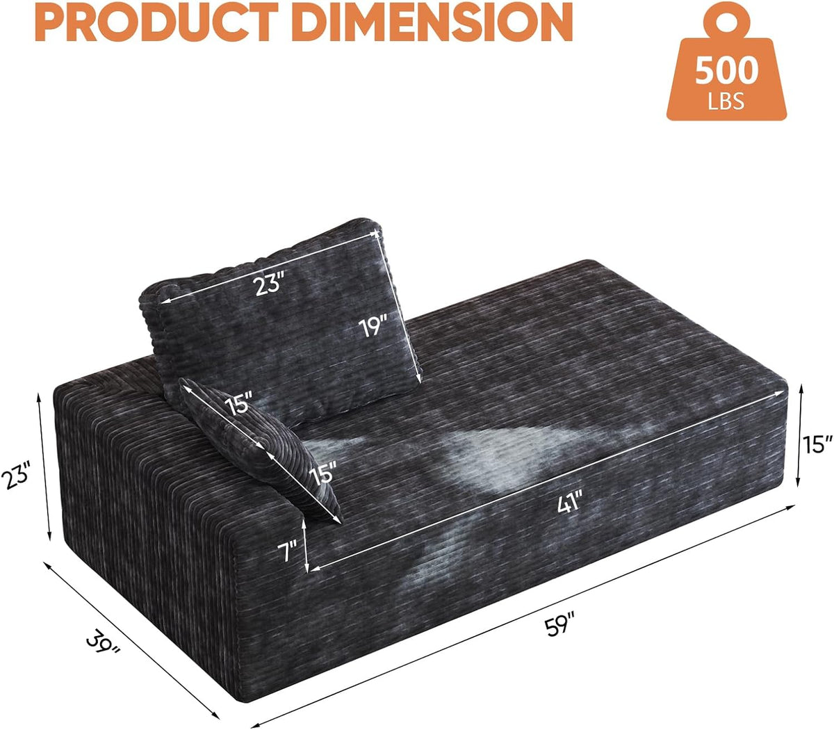 35" Sofa Bed, Boneless Cloud Couch, Rectangular Couch for Living Room, One-Piece Chaise Lounge with Pillows, Flannel Comfy Floor Sofa (Gray, Vertical Right Armrest Facing Chaise)