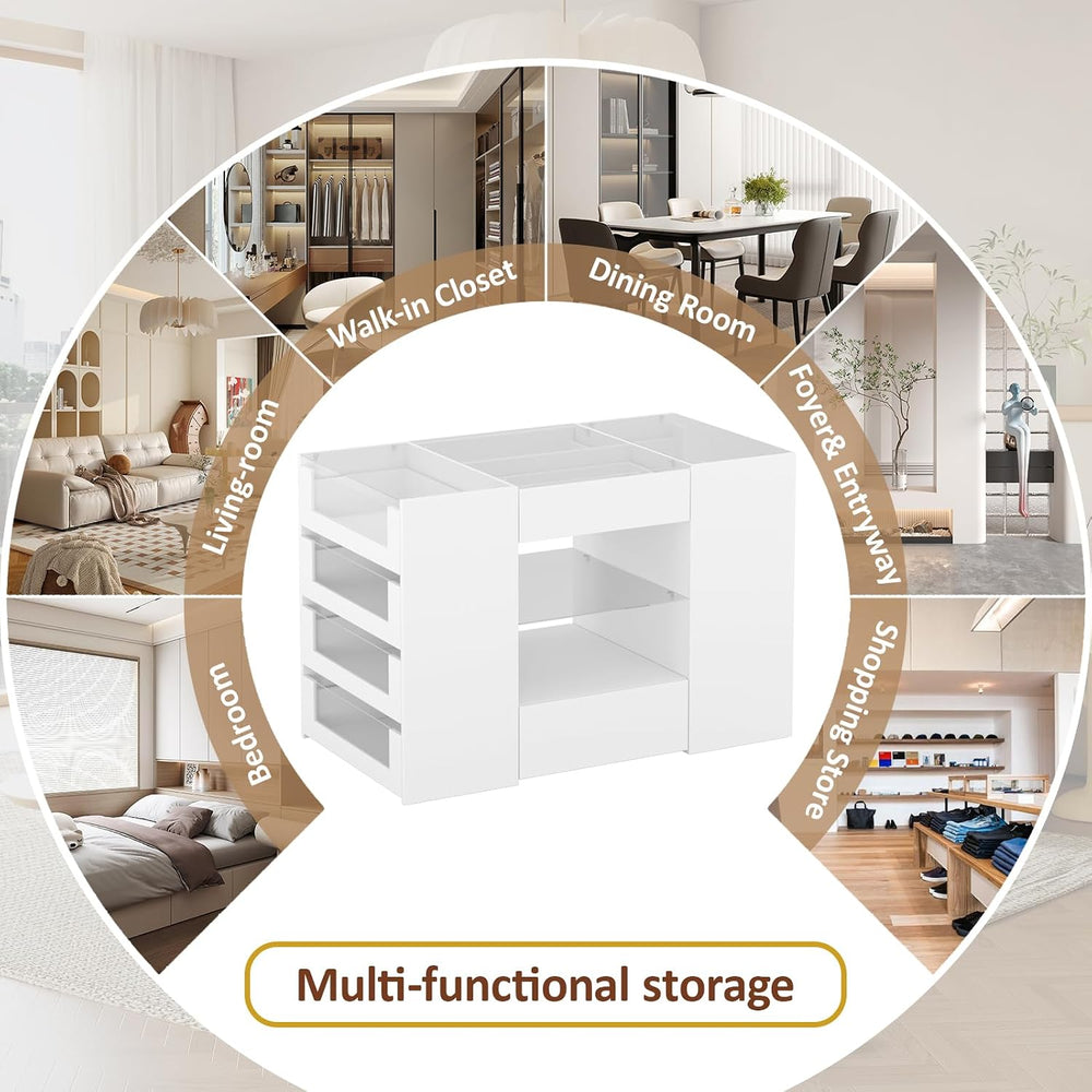 LIVAUVEAD Closet Island with 12 Drawers, Glass Top & Display Shelves, White