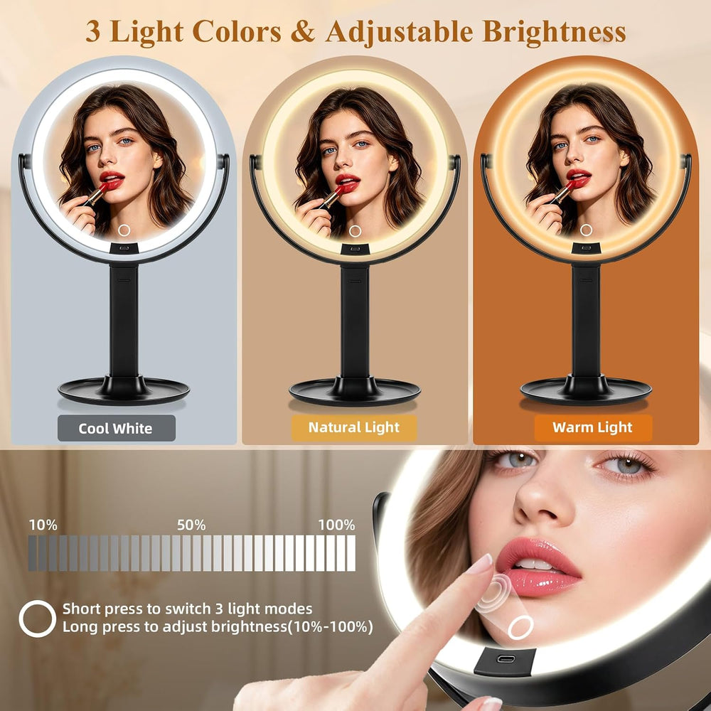 9" 2-Sided Makeup Magnifying Mirror with Lights, 1X+Interchangeable 10X/40X