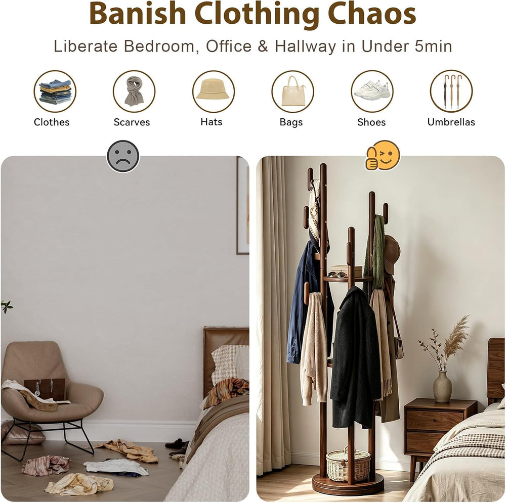 Rotary Coat Rack Freestanding - Solid Wood Coat Tree with 9 hooks & 3 Sto...