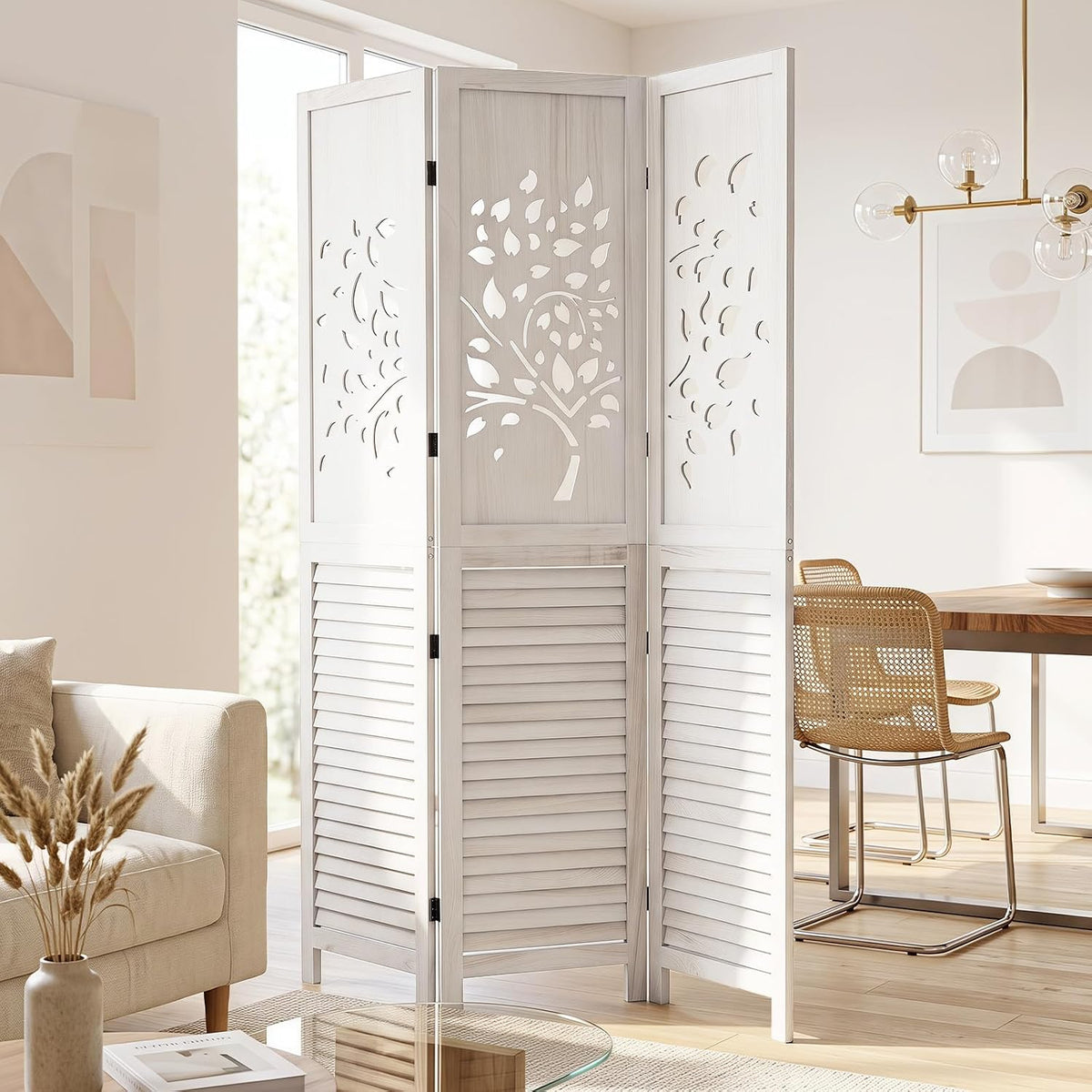 GIANTEX 3 Panel Folding Room Divider with Tree Leaf Cutout & Louvered Slats