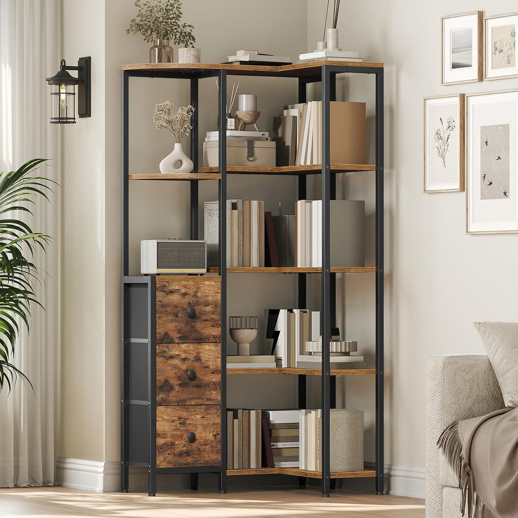 YATINEY Corner Bookshelf, 5-Tier L-Shaped Bookcase with 3 Fabric Drawers, Storage Display Shelf, Freestanding Tall Open Shelf, for Living Room, Bedroom, Home Office, Rustic Brown SJ12BR