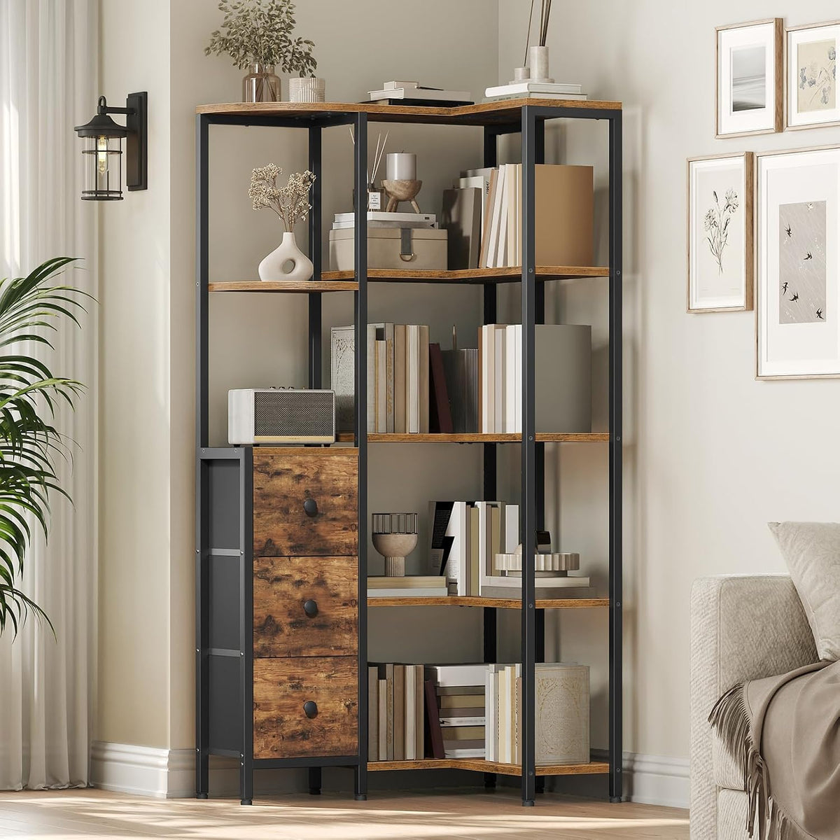 YATINEY Corner Bookshelf, 5-Tier L-Shaped Bookcase with 3 Fabric Drawers, Storage Display Shelf, Freestanding Tall Open Shelf, for Living Room, Bedroom, Home Office, Rustic Brown SJ12BR