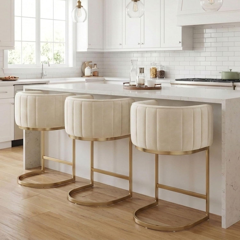 Hyfirm Set of 3 Beige Velvet Counter Height Bar Stools Gold Base