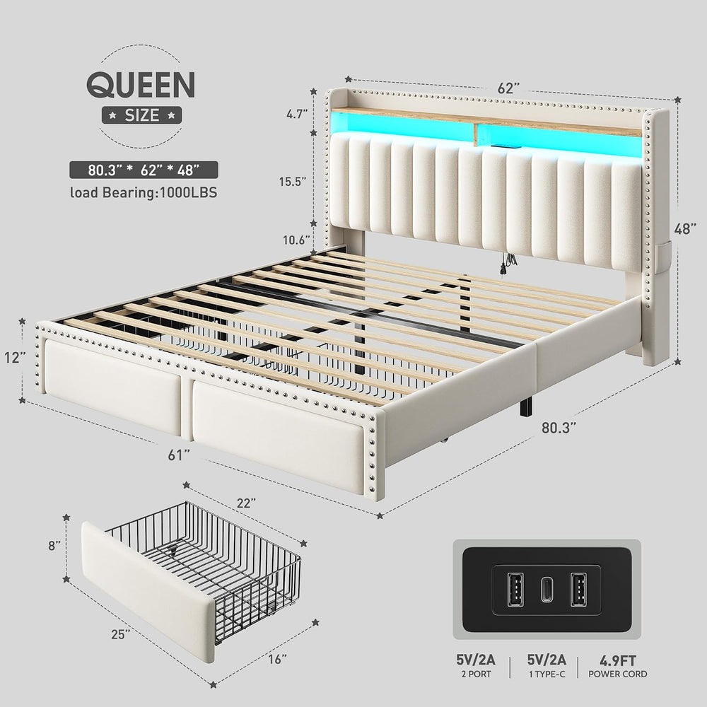 EnHomee Queen Size Bed Frame with 2 Drawers, LED & Charging Station, Beige