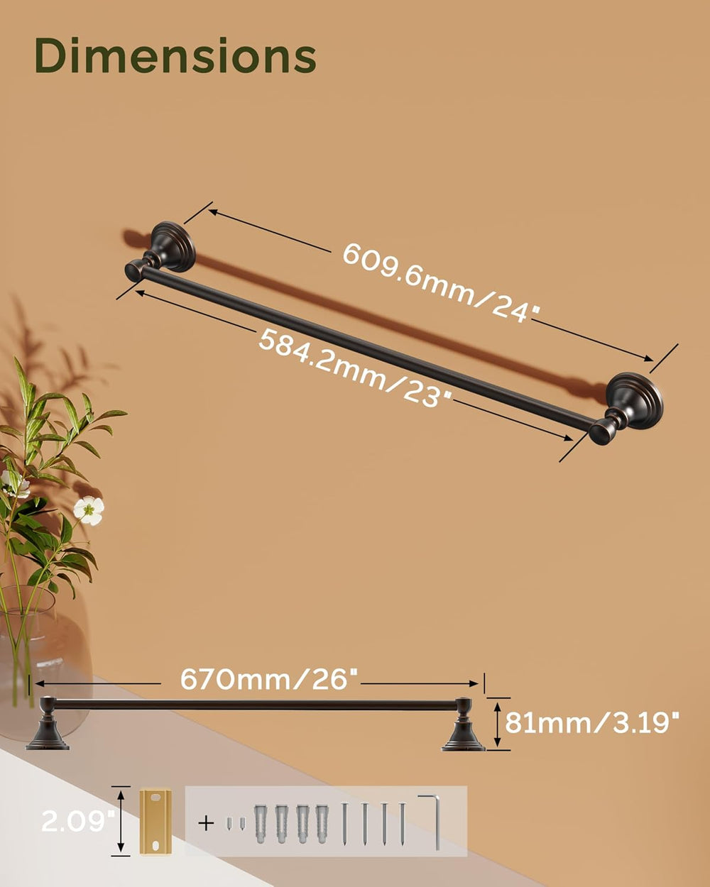 24" Towel Bar Wall Mounted, Oil Rubbed Bronze Towel Rack