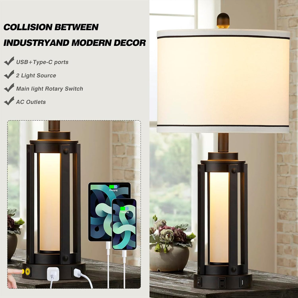 25" Modern Table Lamps Set of 2, Industrial Beside Lamps with USB A+C Ch...