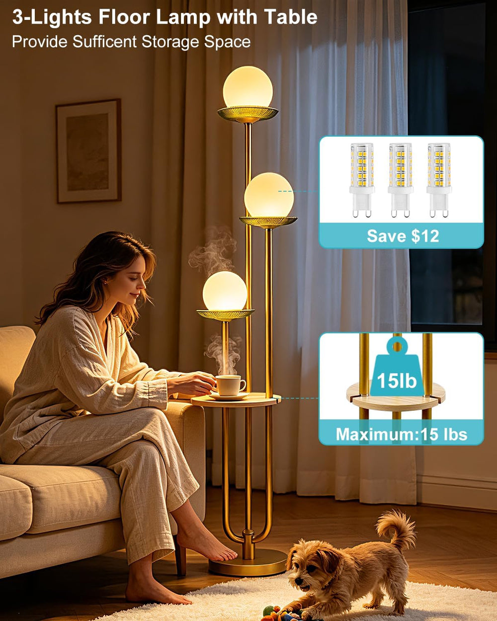 3-Globe Gold Floor Lamp Dimmable with Green Glass Tray Tall Lamp