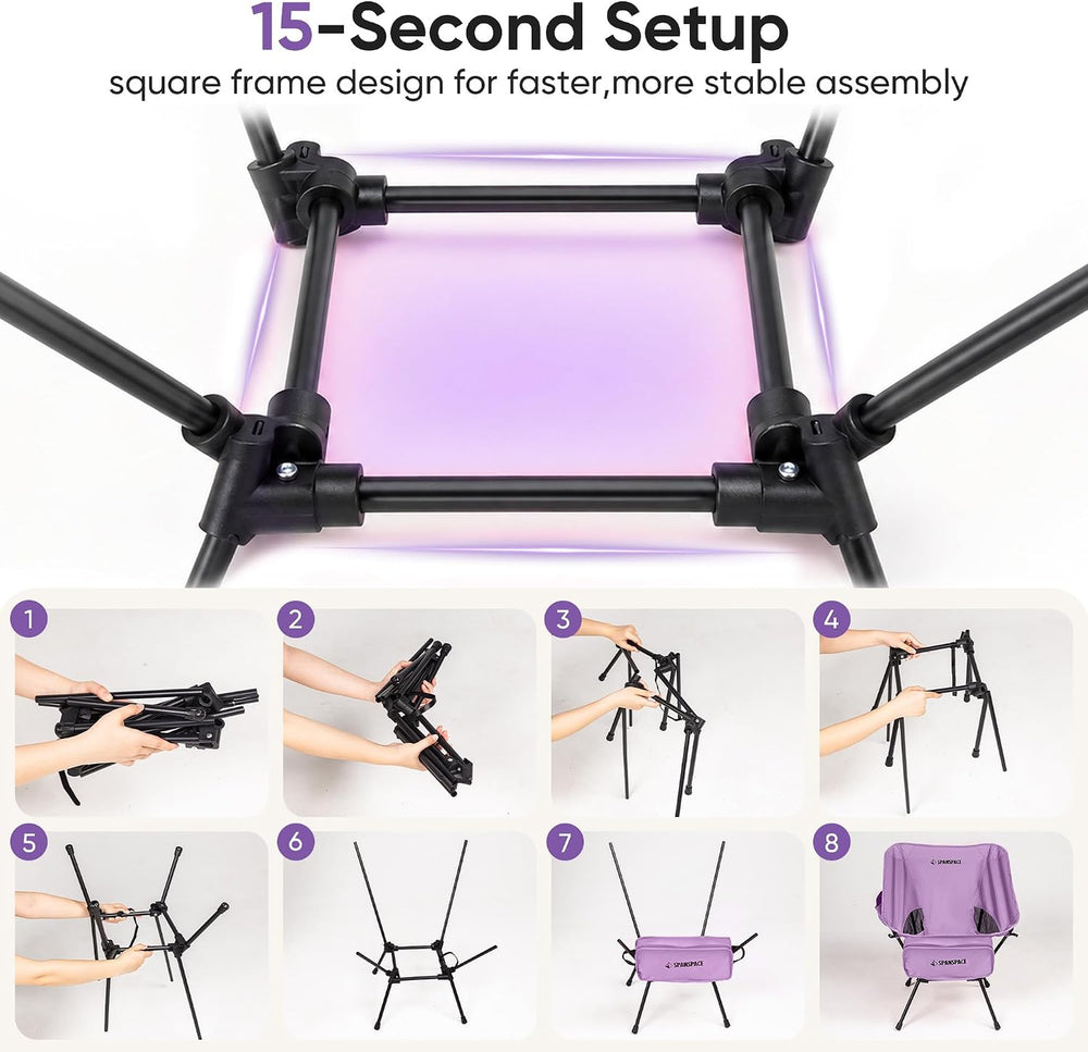 Purple Ultralight Camping Chair for Adults, 350 lb Capacity