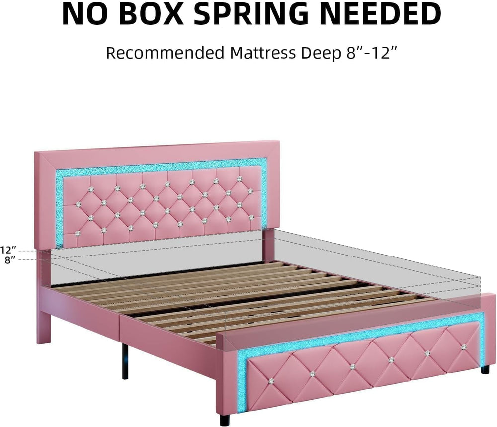 BarnFurin Full Bed Frame with LED Lights, Diamond Tufted Headboard, Pink