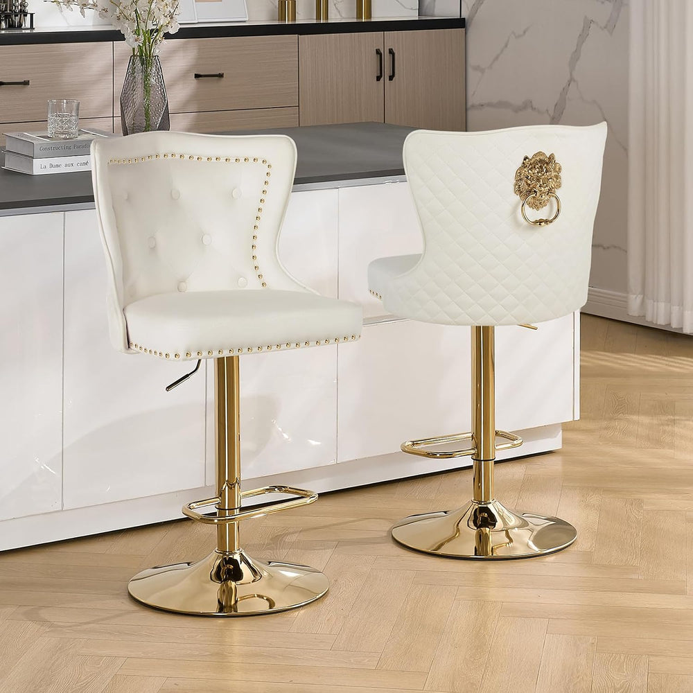 Velvet Swivel Bar Stools Set of 2, Adjustable Bar Height Chairs with Lion Pul...