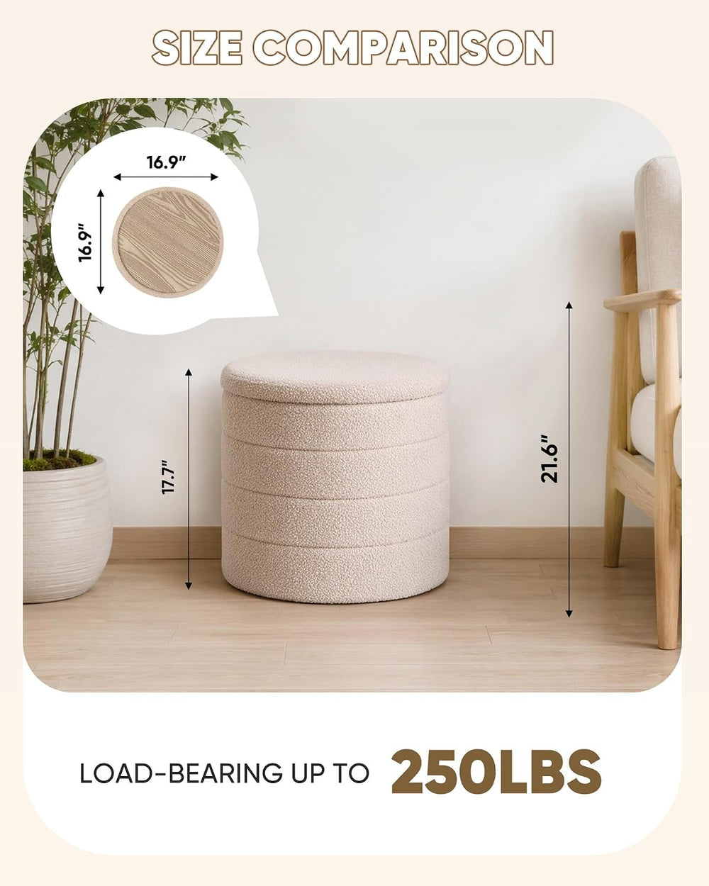 B FSOBEIIALEO Folding Storage Ottoman, Round Sherpa Ottomans, Beige