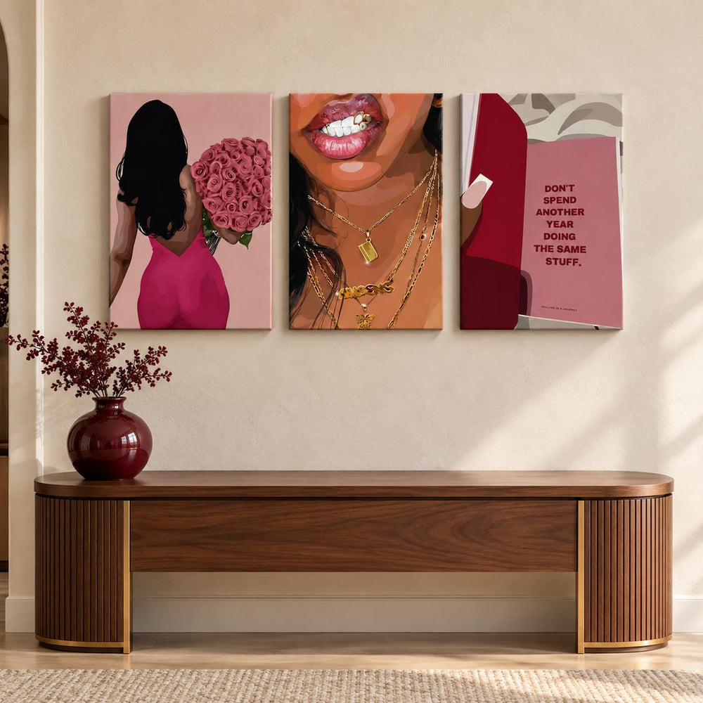 Pink Fashion Black Woman Canvas Wall Art Set of 3 African American Girl Wall ...