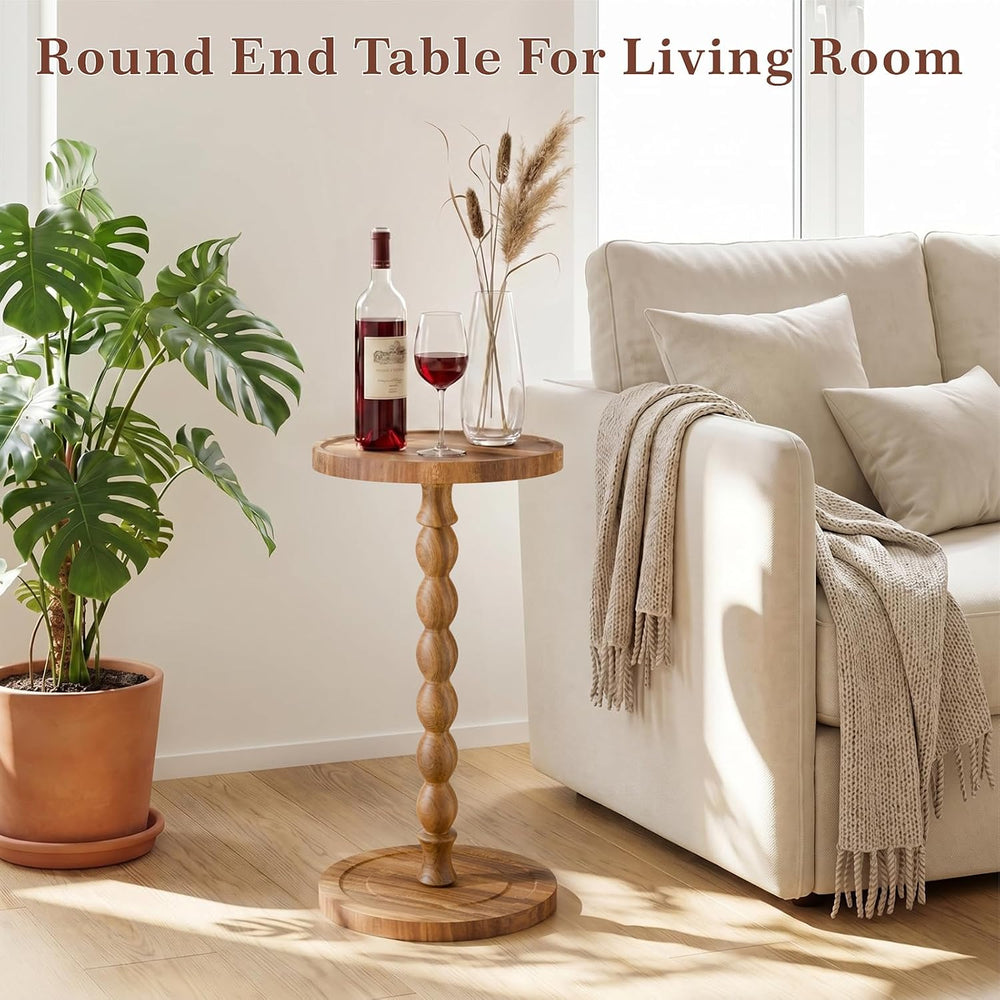 Small Round Side Table, Acacia Wood‌ Drink Table for Small Spaces