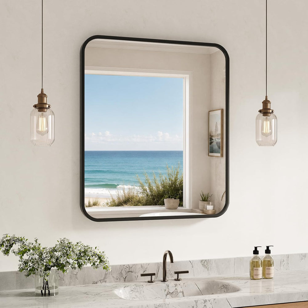 AUYHM 28x32 Inch Bathroom Mirror for Over Sink, Black Framed Wall Mirror