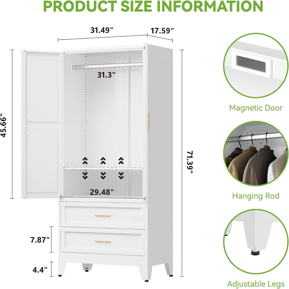 Baborokic Metal Wardrobe Cabinet with Hanging Rod,71" Armoire Wardrobe C...