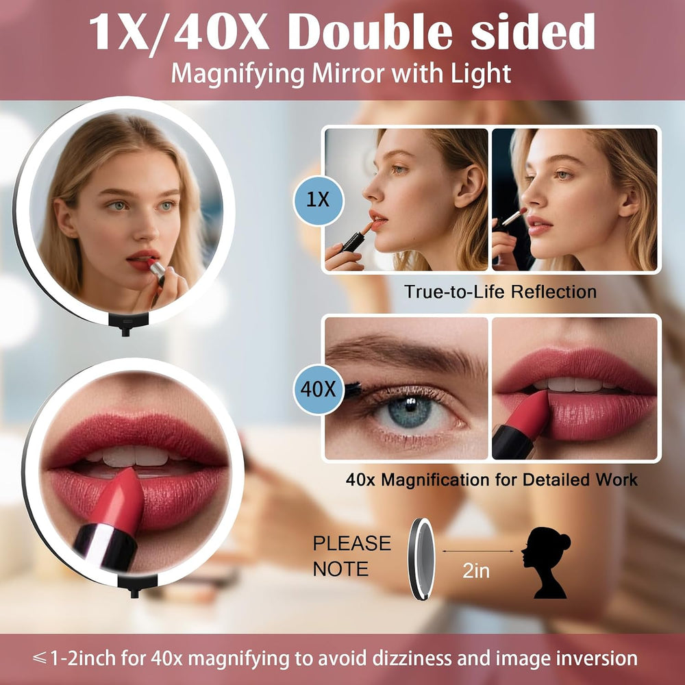 Lighted Makeup Mirror with magnification 40X/1X, Foldable Double-Sided