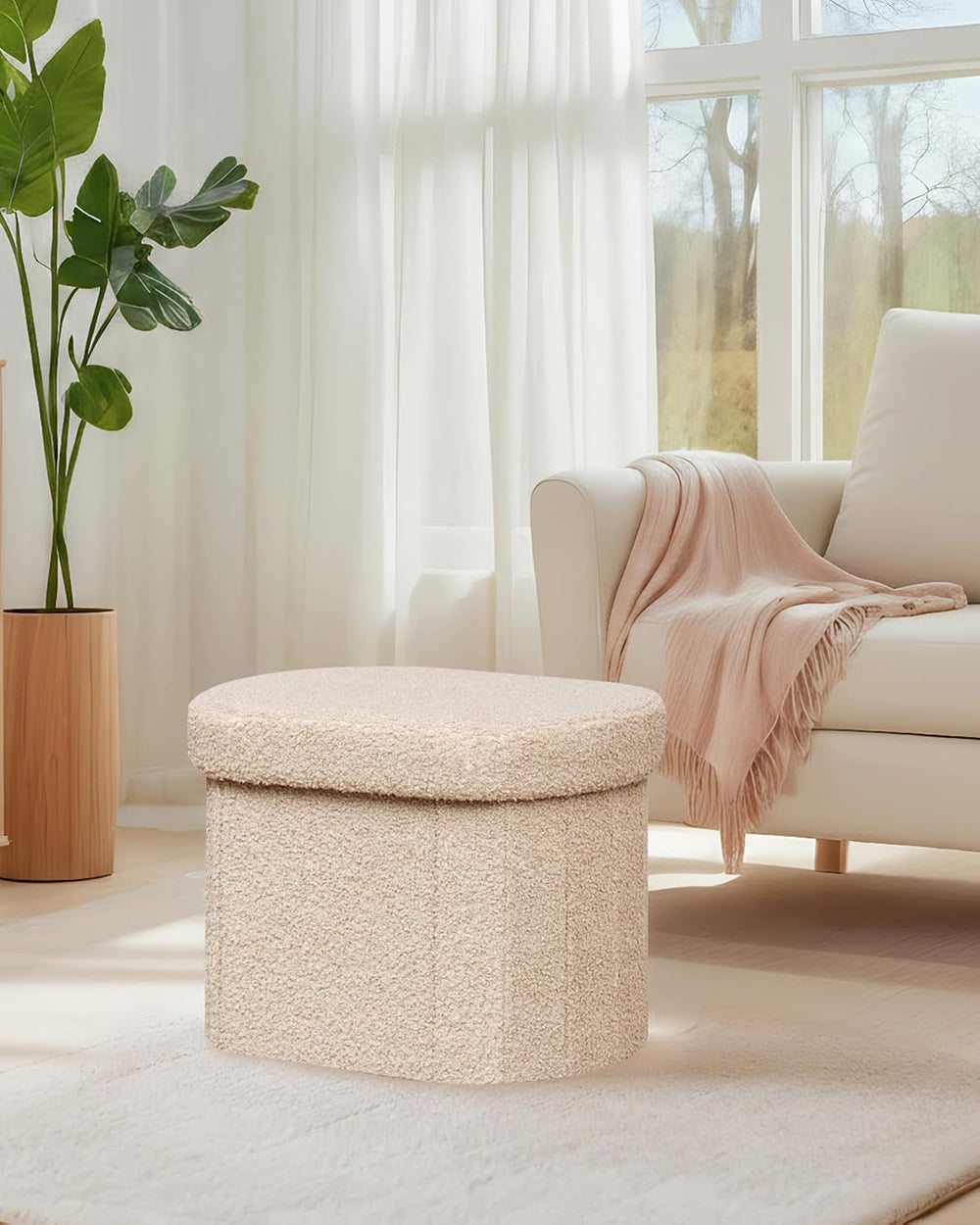 B FSOBEIIALEO 16.14" Boucle Storage Ottoman Cube for Dorm Room, Beige
