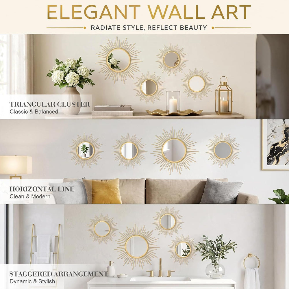 4 Pieces Gold Sunburst Wall Mirror Set Modern Metal Circles for Home Decor