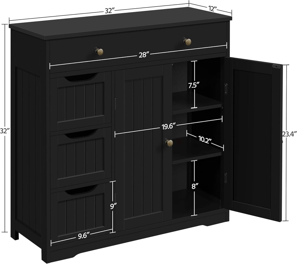Yaheetech Bathroom Floor Cabinet with 1 Big Drawer, 3 Small Drawers, Black