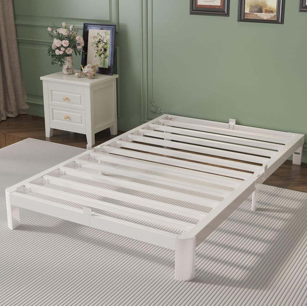 6 Inch Twin Bed Frame with Metal Gasket, White Single Bed Base