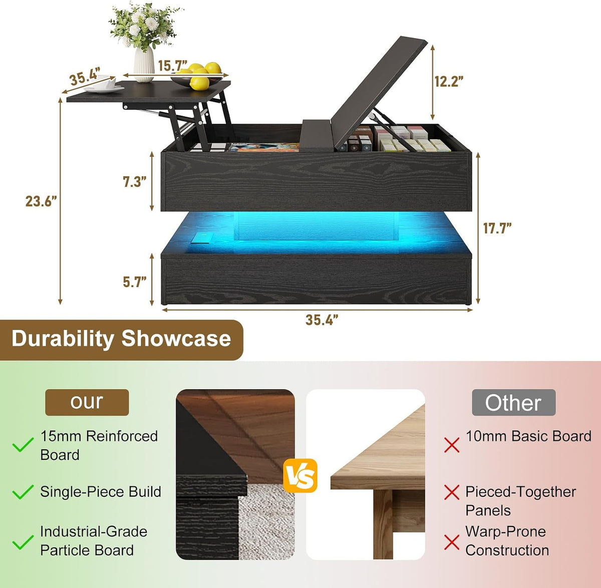 35.4" Large Square Coffee Table with Lifting top,Charging Station,Modern 2-Tier Square Center Table w/Hidden Compartment Storage,Tea Table with Wood Grain for Living Room, Office,Black